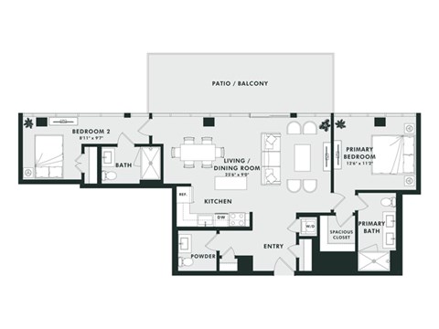 A floor plan of a house with a living room, two bedrooms, a powder room, and a kitchen.
